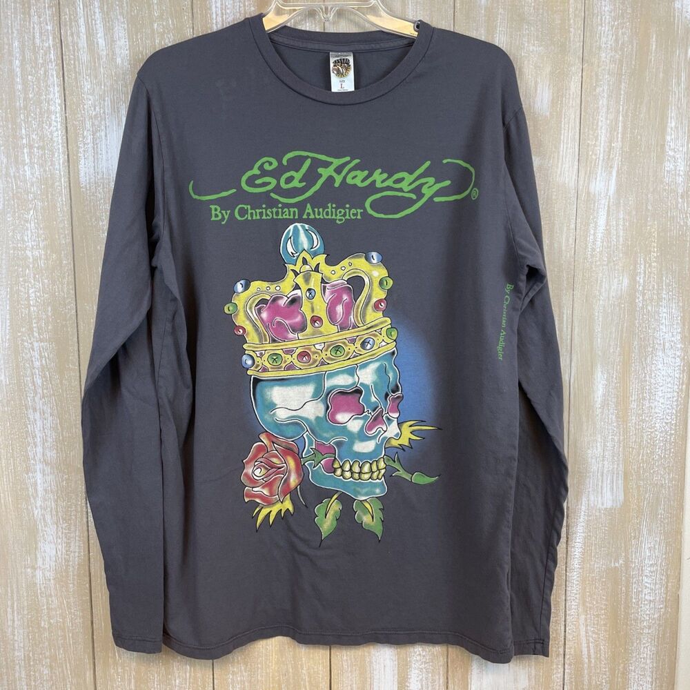 Vintage Y2K Ed Hardy Skull King Long Sleeve T-Shirt Charcoal Gray Size L
